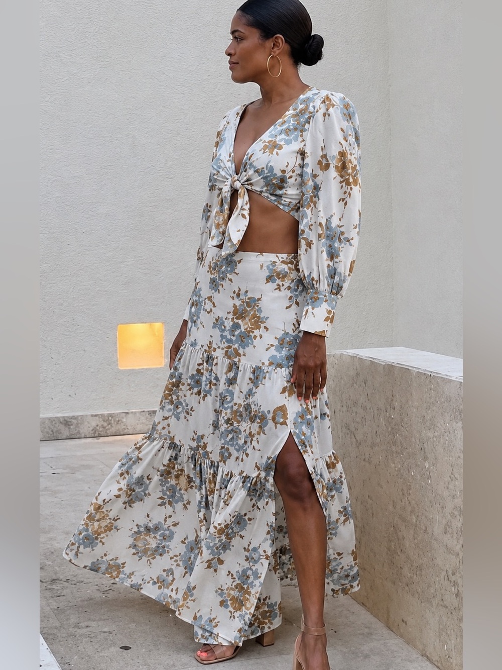 Anthropologie WAYF Boho Floral Maxi Skirt & Tie Front LS Cropped Blouse Set S